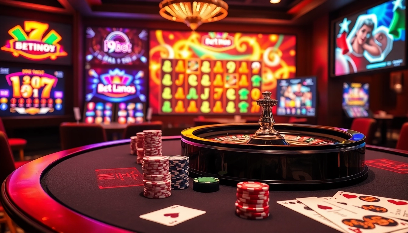 Experience the thrill of i9bet with an exciting casino scene featuring poker and roulette.
