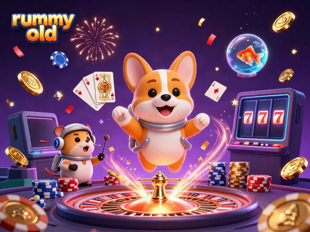 Win big with rummy old in a vibrant space-themed casino scene filled with playful characters.