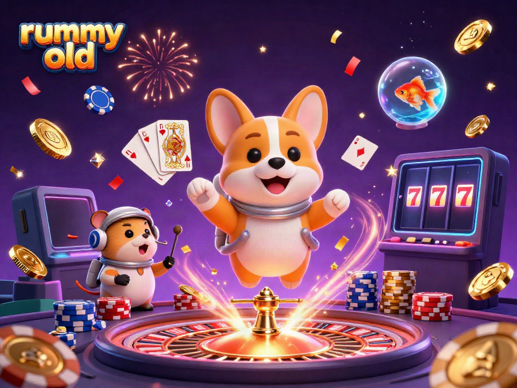 Win big with rummy old in a vibrant space-themed casino scene filled with playful characters.