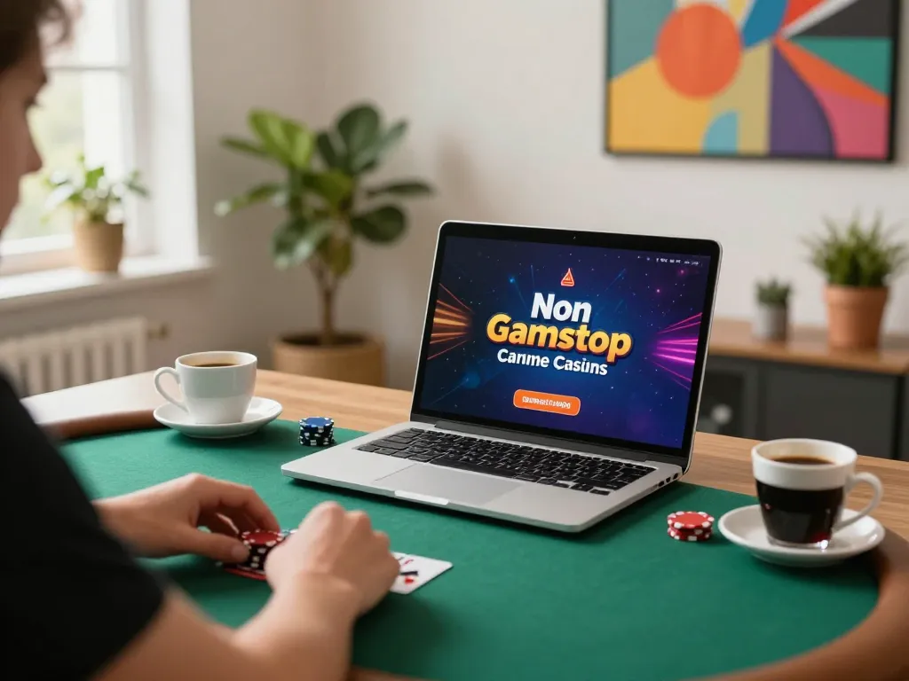 Playing online poker at non gamstop casinos on a laptop in a cozy setting.
