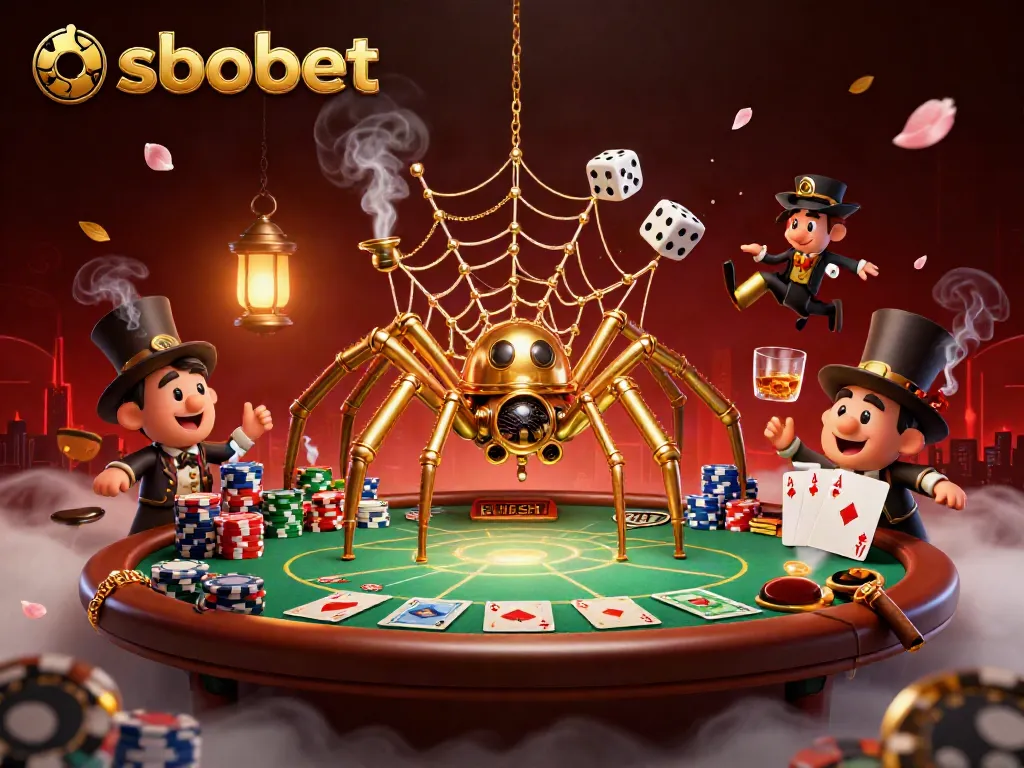 Engage with sbobet through a vibrant steampunk casino scene filled with poker elements.