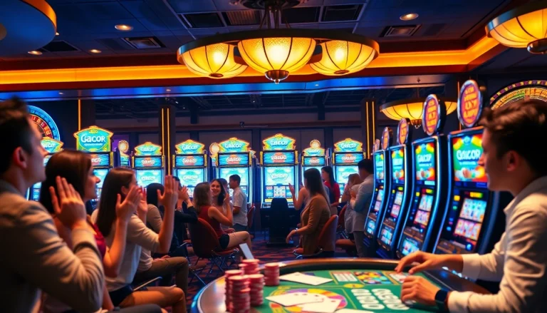 Players celebrating wins at slot gacor bonus besar machines in a luxurious casino atmosphere.