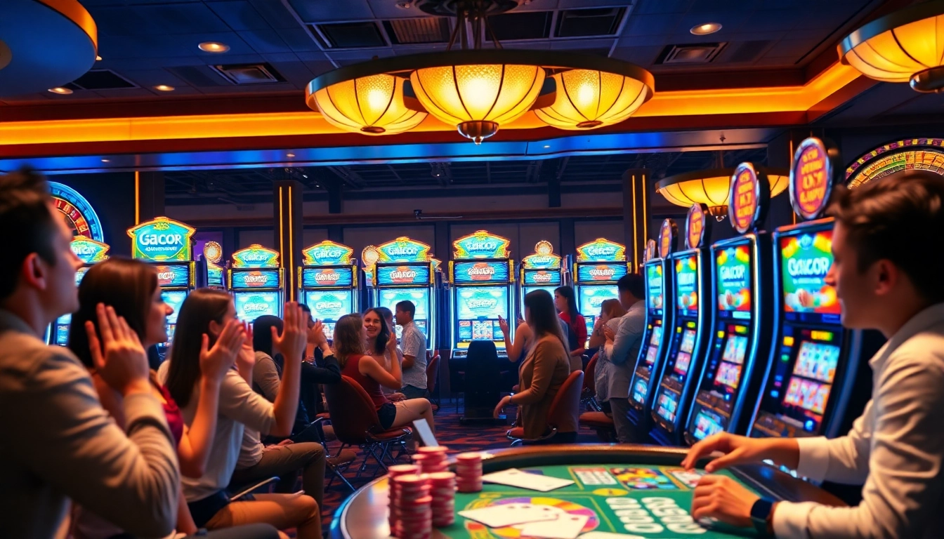 Players celebrating wins at slot gacor bonus besar machines in a luxurious casino atmosphere.