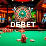 DEBET poker players intensify the game at a luxurious casino table.