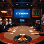 Players enjoying a high-stakes poker game at a luxurious casino featuring mmoo promotions and vibrant slot machines.