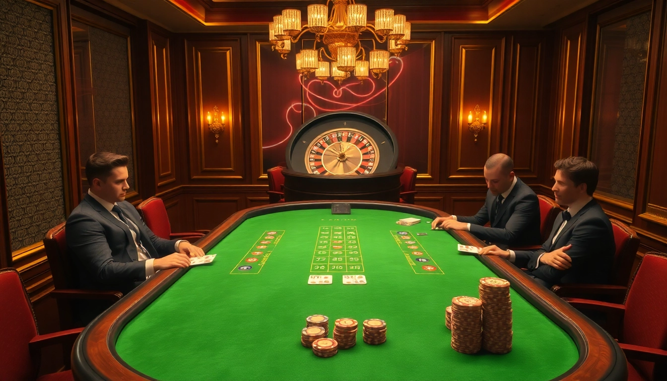 Paha4d gaming environment showcasing poker action with cards, chips, and a roulette wheel.