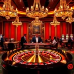 Players enjoying a lively game at 12BET's luxurious casino environment with roulette and slot machines.