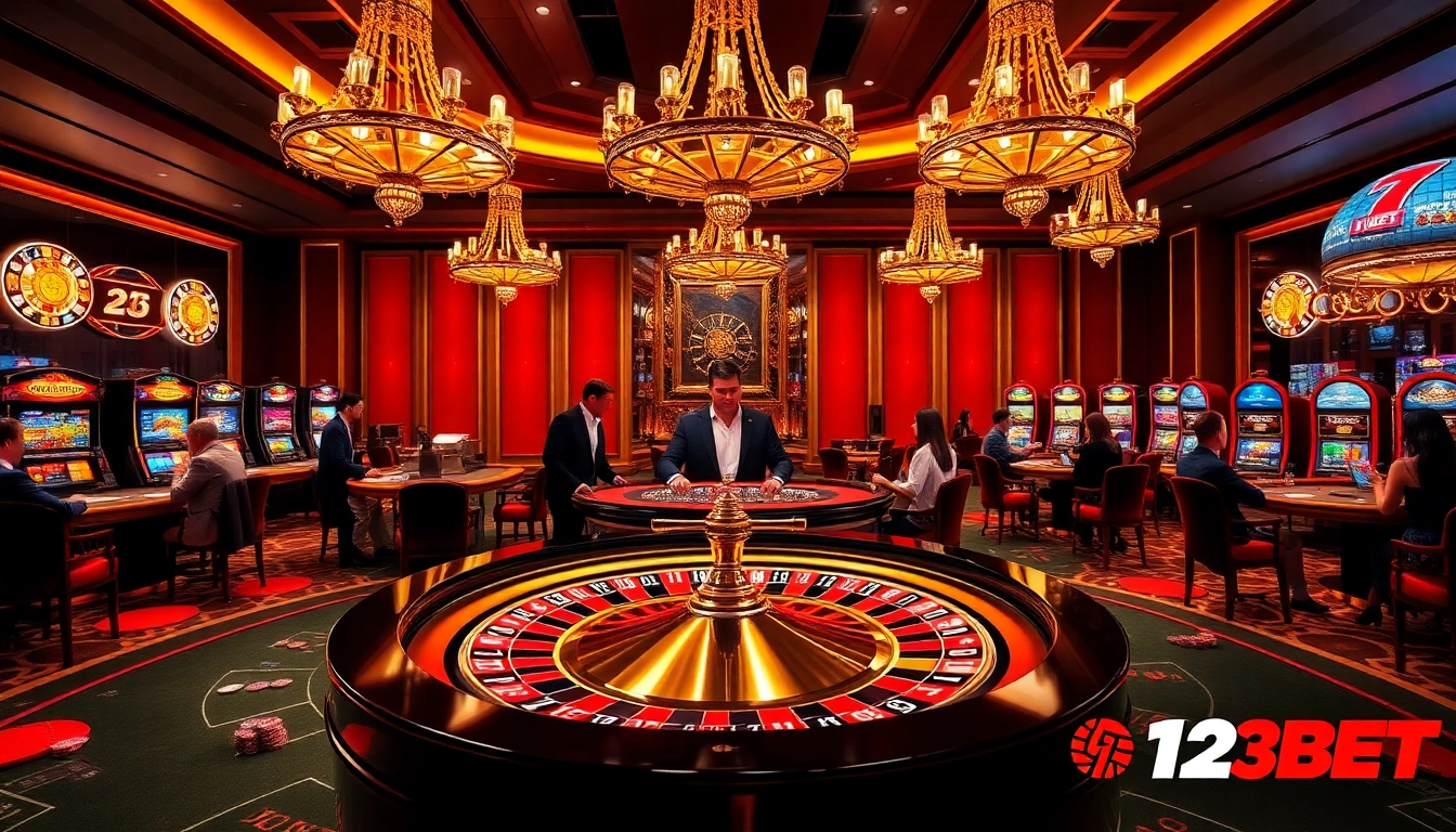 Players enjoying a lively game at 12BET's luxurious casino environment with roulette and slot machines.