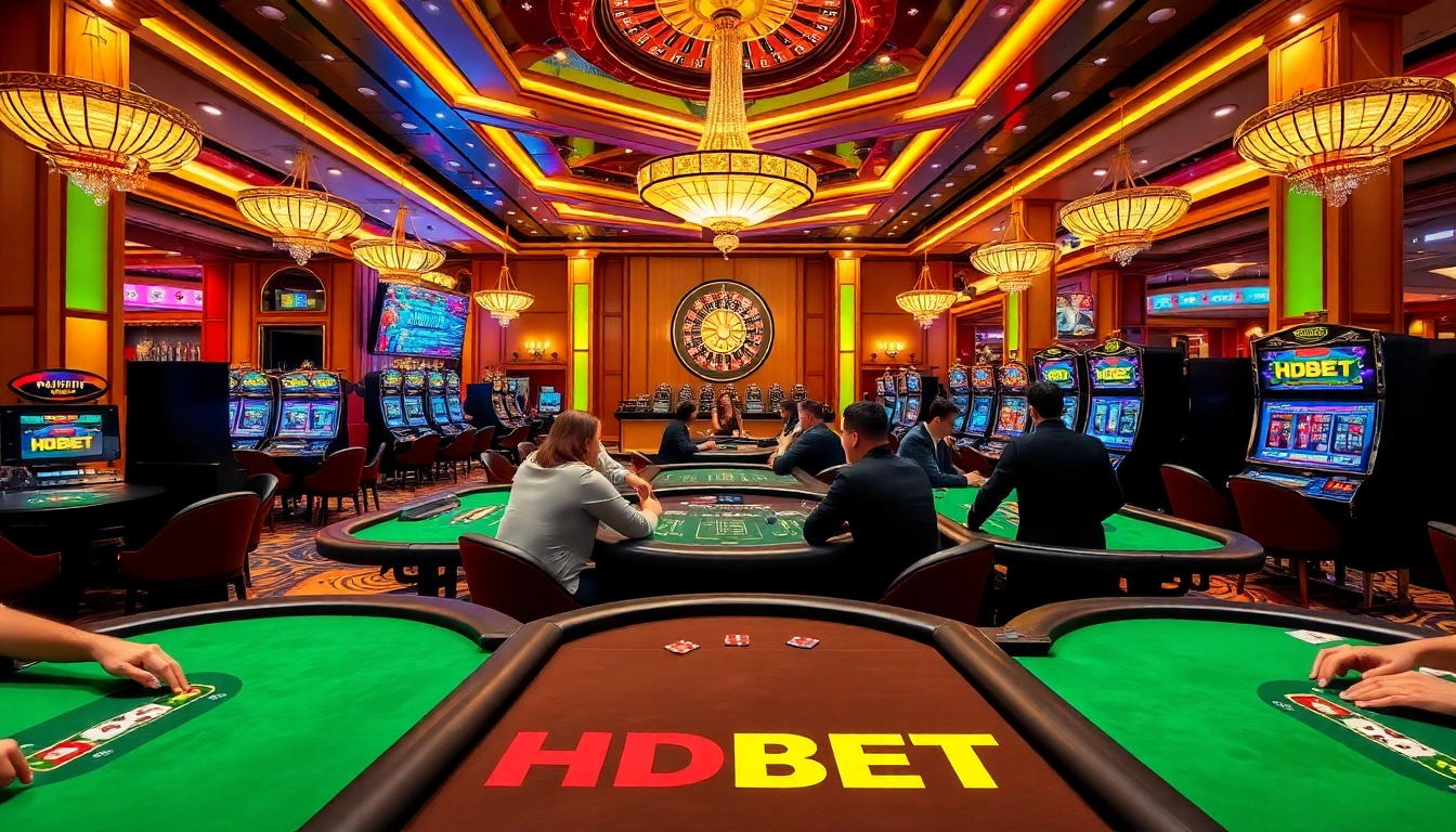 Players enjoying poker at a HDBET casino table, surrounded by luxury and excitement.