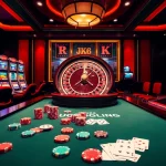qh88 online casino scene with vibrant tables and slot machines, showcasing gambling excitement.