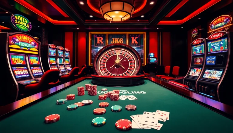 qh88 online casino scene with vibrant tables and slot machines, showcasing gambling excitement.