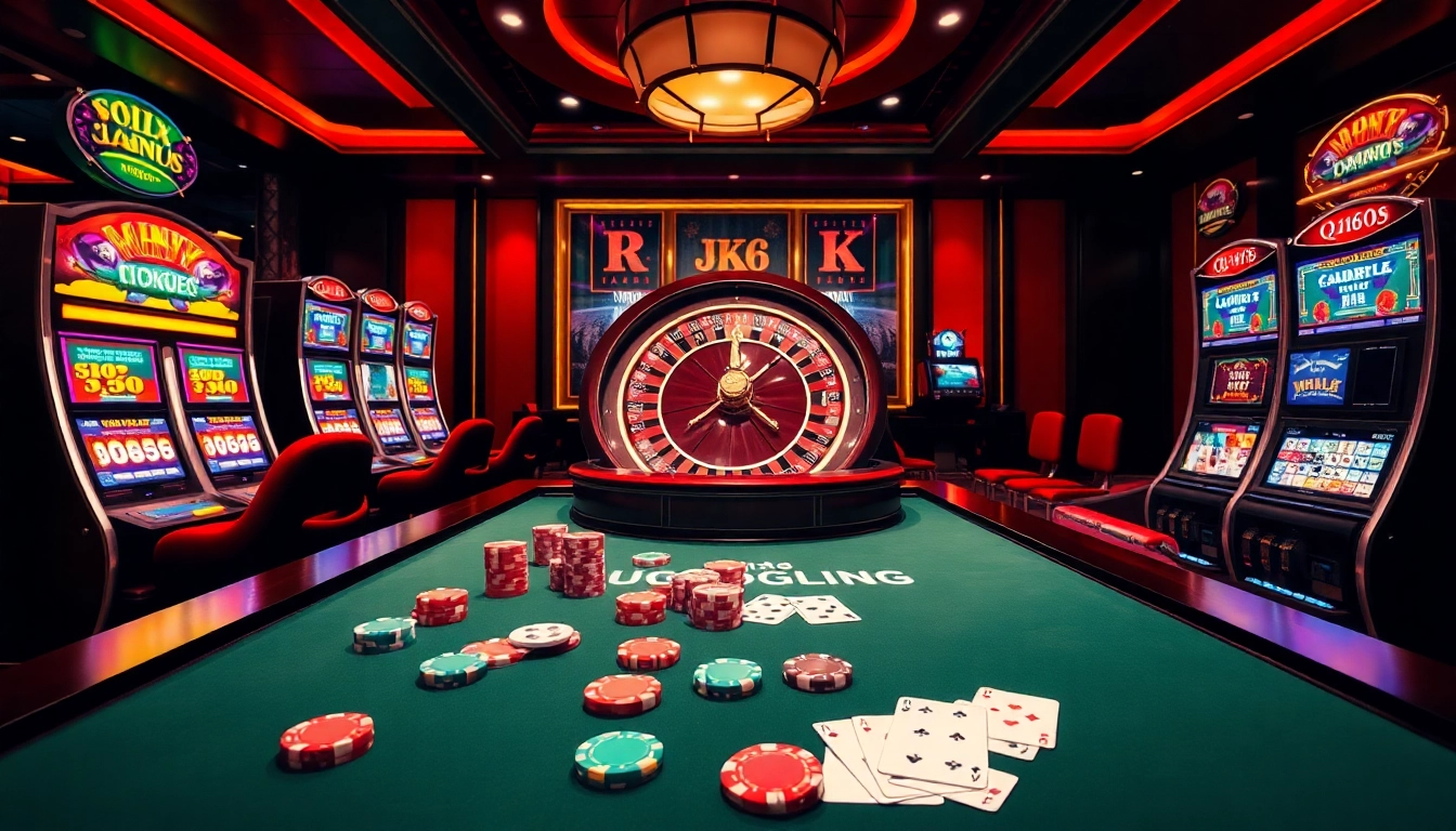 qh88 online casino scene with vibrant tables and slot machines, showcasing gambling excitement.