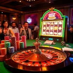 Betting excitement at the Gates of Gatot Kaca Super Scatter slot machine in a luxurious casino.