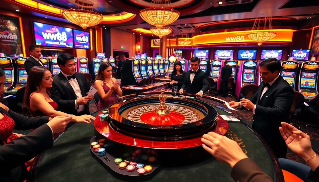 Players immersed in a thrilling moment at the ww88 casino table, surrounded by vibrant gaming action.