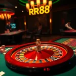 Experience the thrill of RR88 as players engage in an exciting casino atmosphere with poker chips and a roulette wheel.