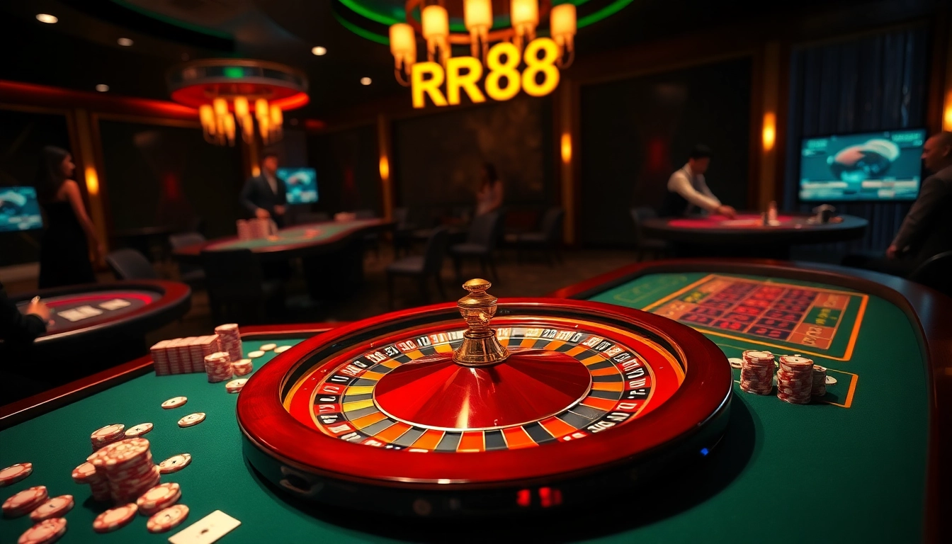 Experience the thrill of RR88 as players engage in an exciting casino atmosphere with poker chips and a roulette wheel.