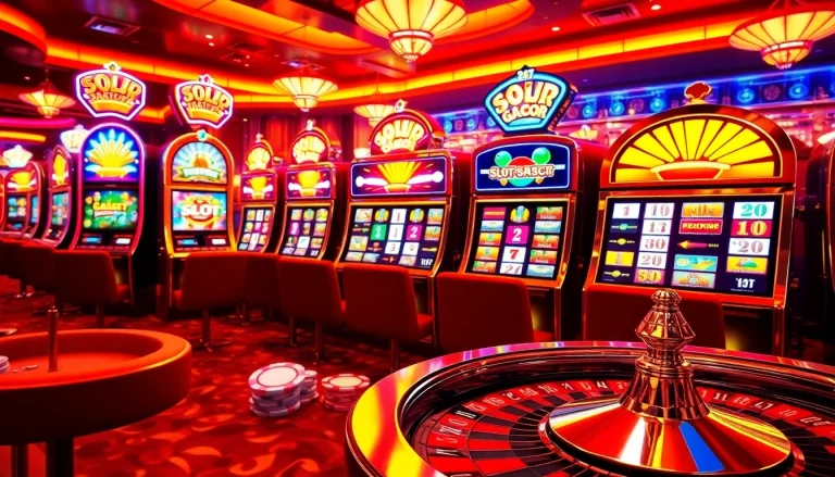 Experience the thrilling atmosphere of slot gacor gaming with vibrant slot machines and poker chips.