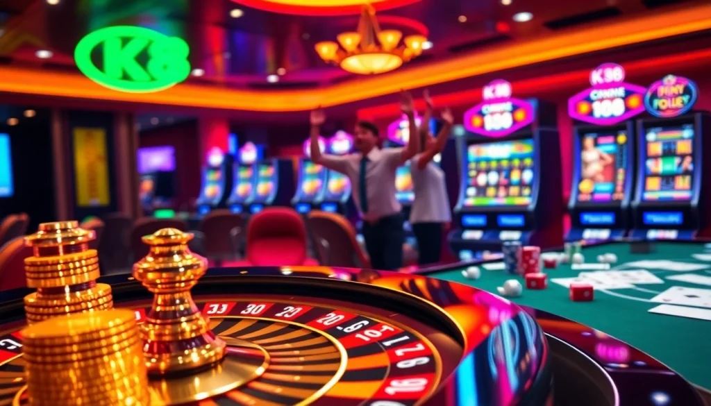 K88 players celebrating a big win at a vibrant online casino with roulette and neon lights.