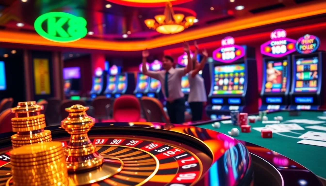 K88 players celebrating a big win at a vibrant online casino with roulette and neon lights.