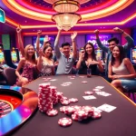 Players celebrating a win at 99win casino, with poker chips and cards on a vibrant table.