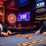 Witness the excitement at XX 88 casino with players enjoying blackjack amidst vibrant decor.