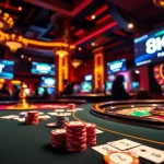 Place bets and enjoy stunning casino action at https://8kbet.ink/, featuring poker chips and a spinning roulette wheel.