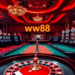 Dynamic scene of players engaging with ww88 gaming, showcasing poker chips and a roulette wheel.