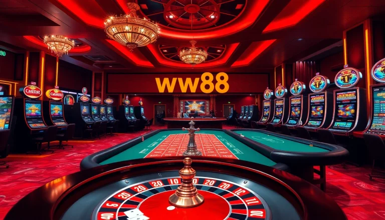 Dynamic scene of players engaging with ww88 gaming, showcasing poker chips and a roulette wheel.