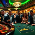 Excited players enjoying high-stakes games at a HAYWIN casino, showcasing vibrant slots and roulette.