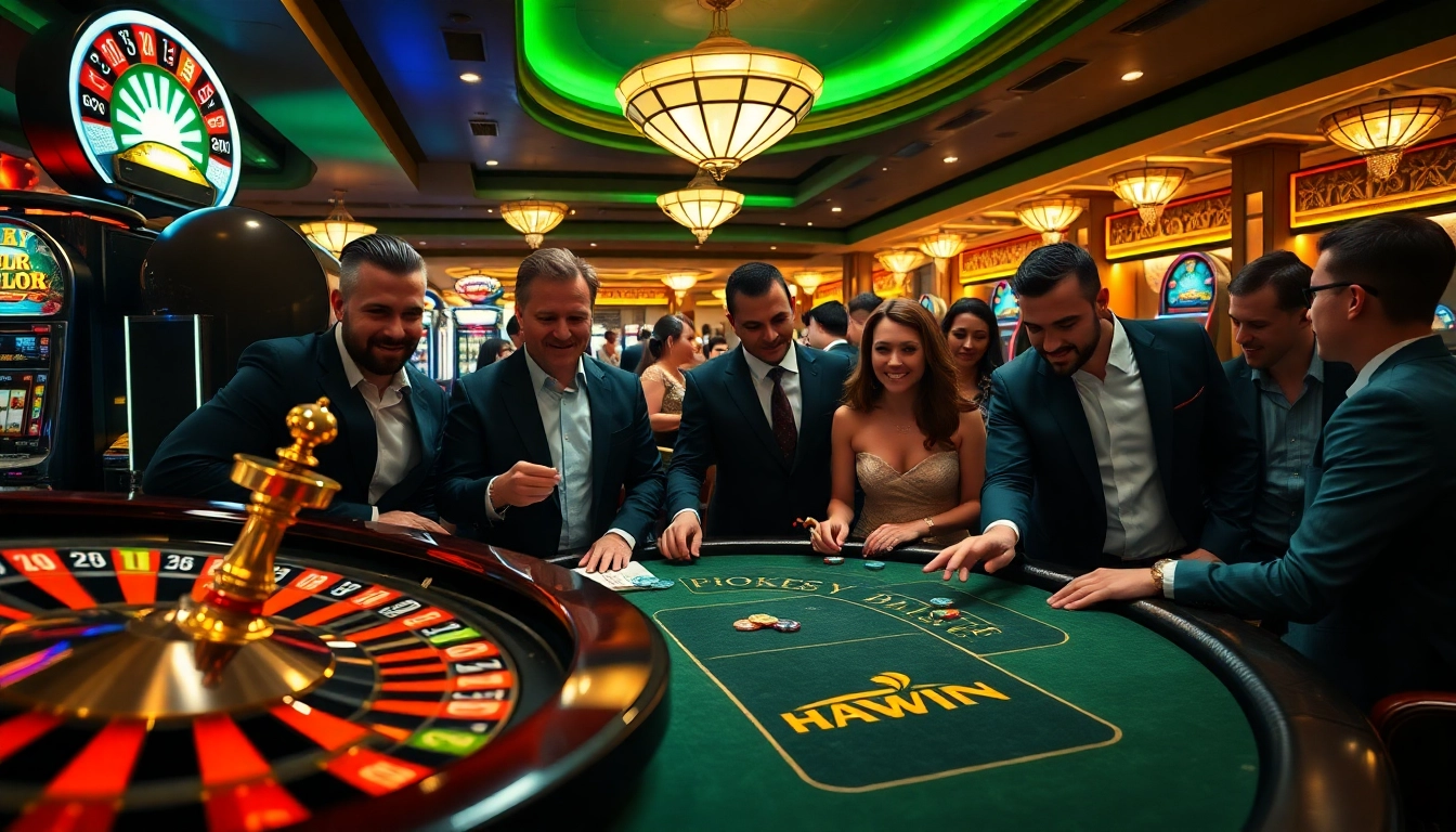 Excited players enjoying high-stakes games at a HAYWIN casino, showcasing vibrant slots and roulette.