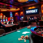 Players enjoying high-stakes games at 999BET casino, showcasing poker tables and vibrant slot machines.