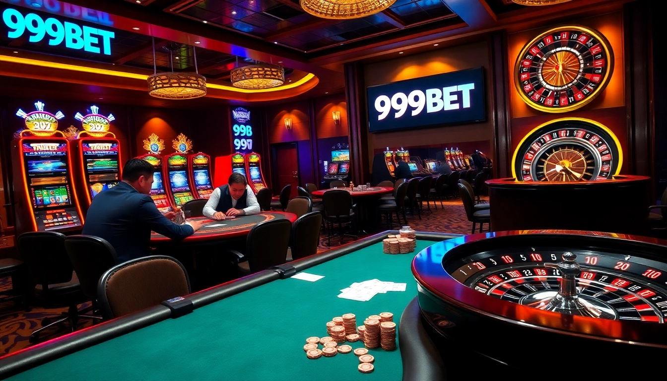 Players enjoying high-stakes games at 999BET casino, showcasing poker tables and vibrant slot machines.