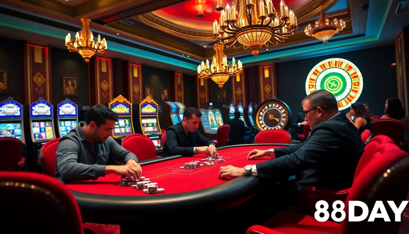 8DAY players strategizing at a vibrant poker table in an upscale casino setting.