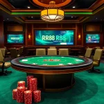 Exciting RR88 gaming scene with poker chips and digital promotions for immersive gambling experience.