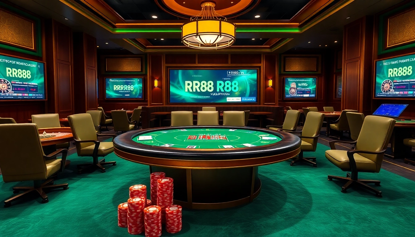 Exciting RR88 gaming scene with poker chips and digital promotions for immersive gambling experience.