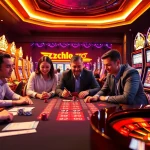 Lazadatoto online gambling scene featuring players at a digital poker table with vibrant slot machines.