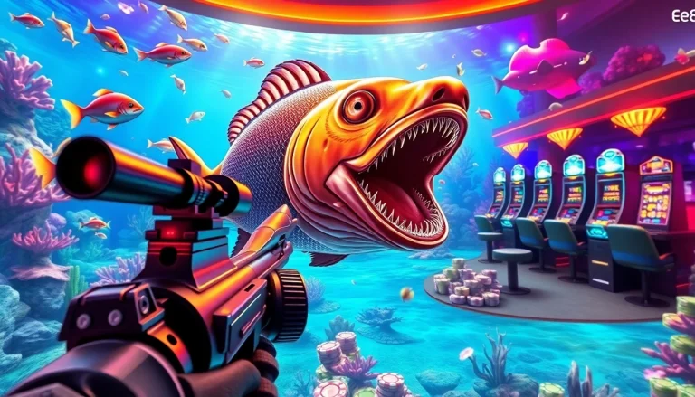 Bắn cá ee88 players aim at a giant boss fish in a vibrant underwater casino scene.