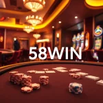 Experience the excitement of gambling at 58WIN with vibrant poker chips and a roulette wheel.
