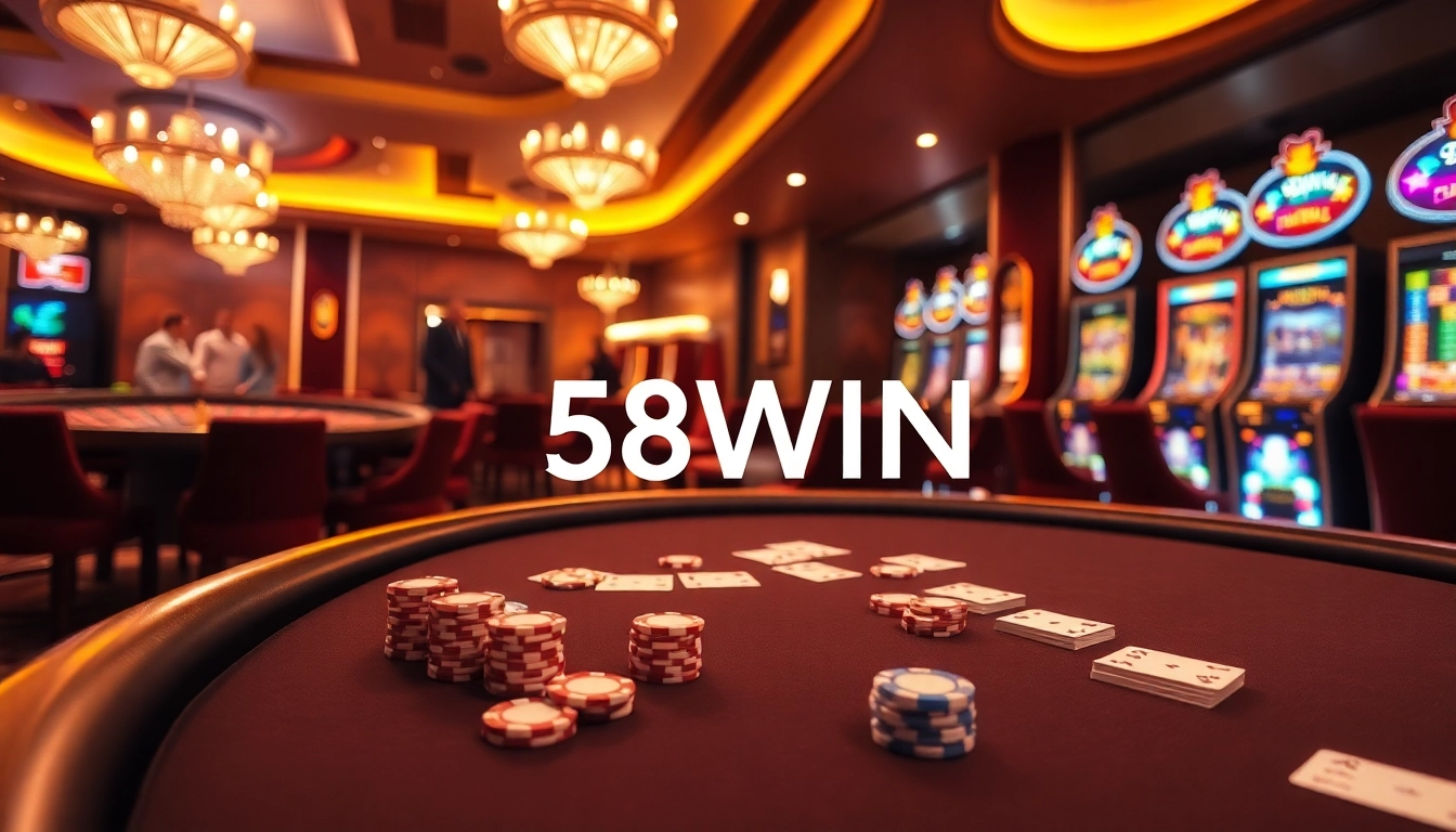 Experience the excitement of gambling at 58WIN with vibrant poker chips and a roulette wheel.