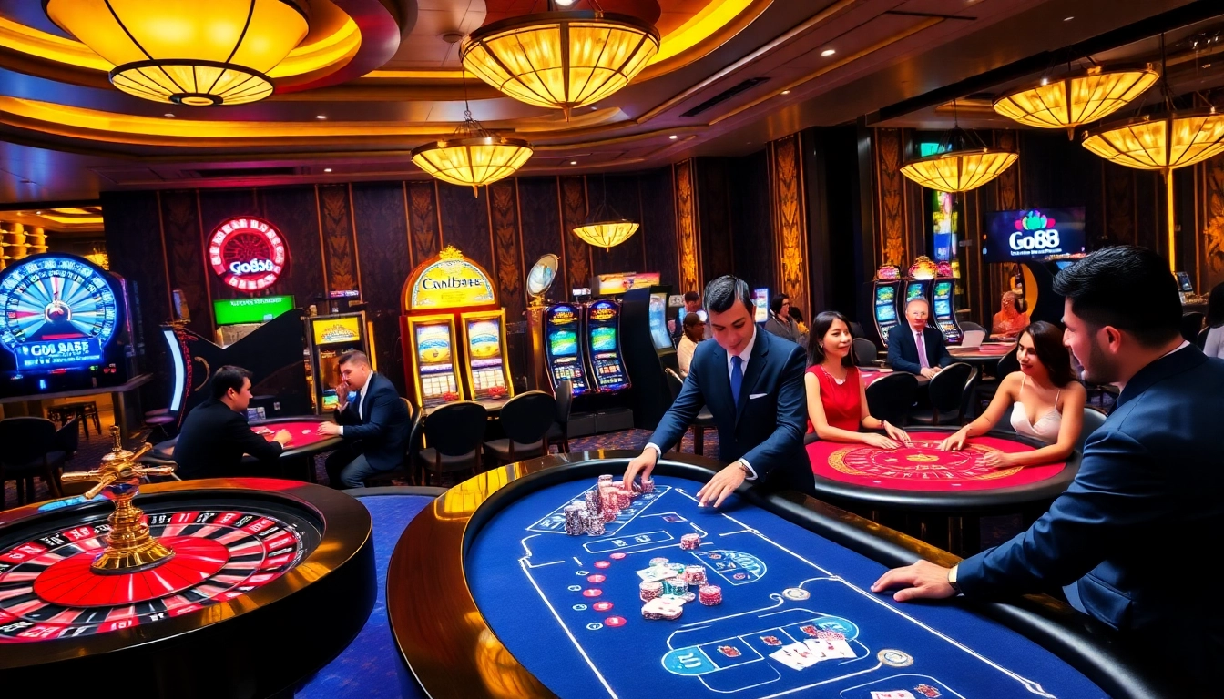 Players enjoying an exciting game at go88 casino with roulette wheels and poker tables.