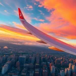 Experience the flight status of tk88, a Turkish Airlines Boeing 787-9 soaring above a city at sunset.
