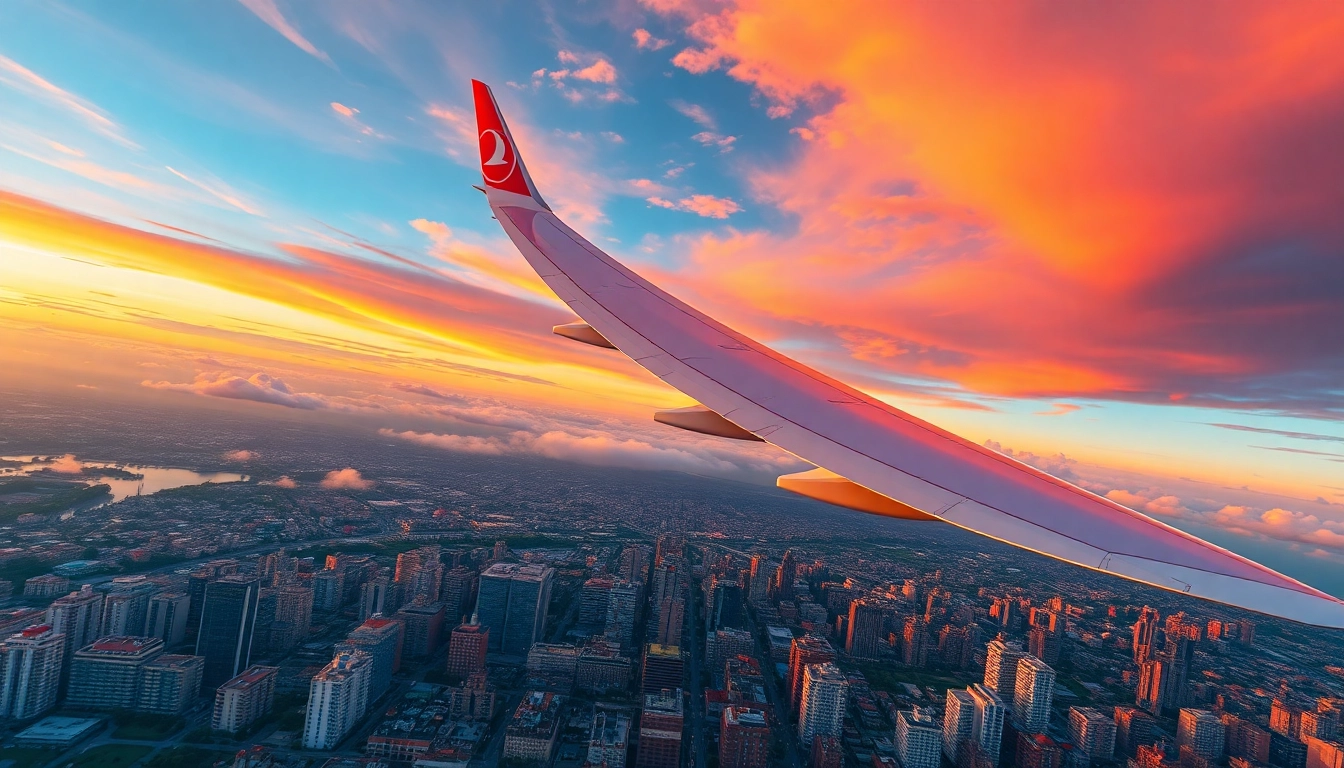 Experience the flight status of tk88, a Turkish Airlines Boeing 787-9 soaring above a city at sunset.