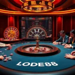 Players engaging in an exciting poker game at LODE88's premium online casino, showcasing vibrant ambiance and high stakes.