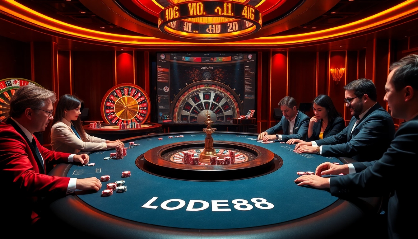 Players engaging in an exciting poker game at LODE88's premium online casino, showcasing vibrant ambiance and high stakes.