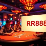 Gamblers enjoying a thrilling poker game at RR88 casino with vibrant slot machines.