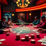 Rikvip online gambling scene featuring players at a poker table, vibrant poker chips and cards.