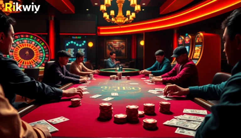 Rikvip online gambling scene featuring players at a poker table, vibrant poker chips and cards.