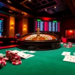 Exciting casino atmosphere with keo nha cai elements, featuring roulette, poker chips, and live betting updates.