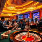 Players engaging in gambling activities at a vibrant casino featuring Tool xổ số siêu tốc results displayed electronically.