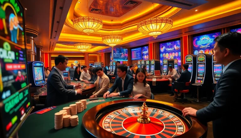 Players engaging in gambling activities at a vibrant casino featuring Tool xổ số siêu tốc results displayed electronically.